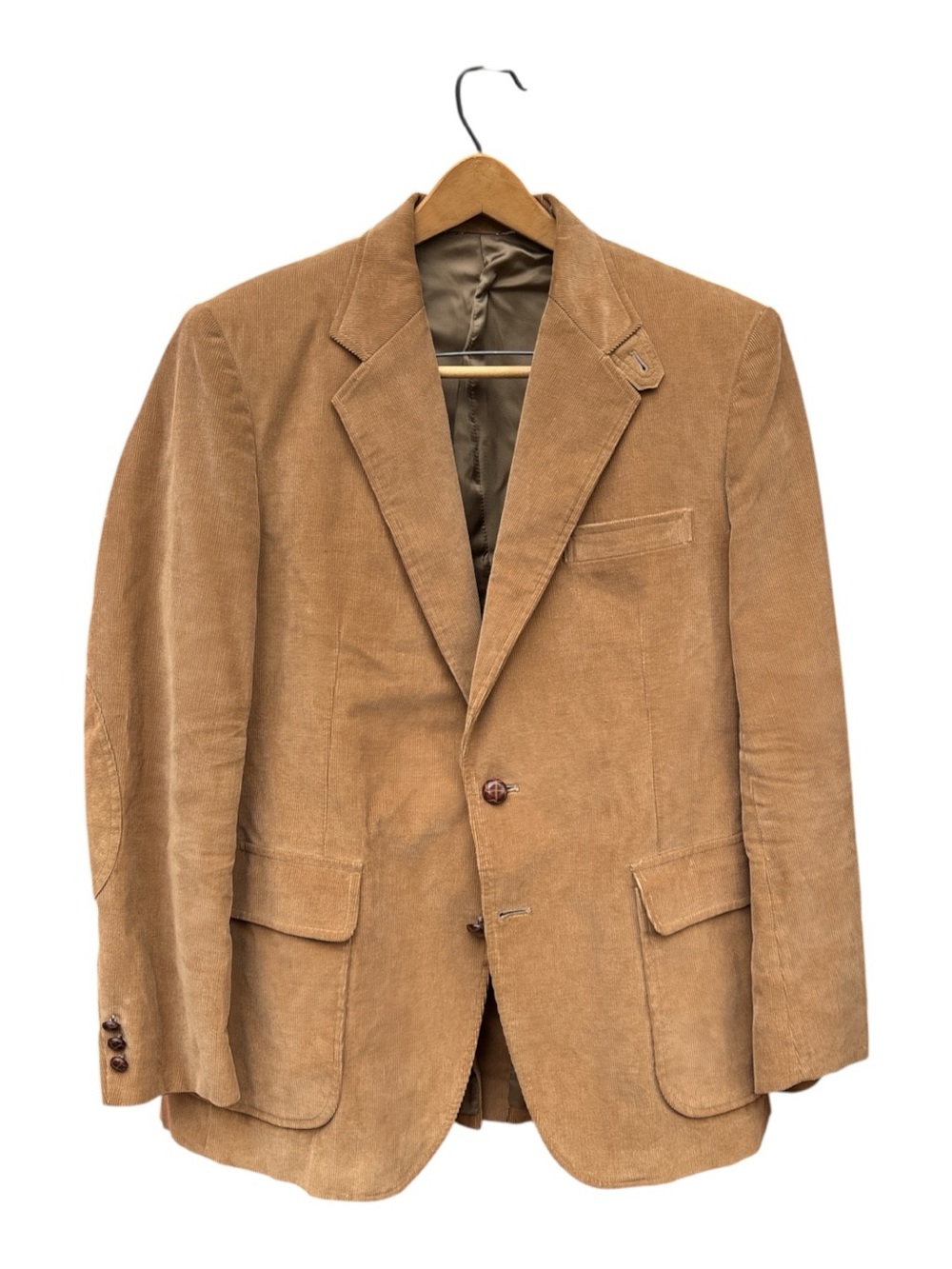 Men's Tan Corduroy Sport Coat - Tailored Two-Button Blazer with Faux Suede Patch